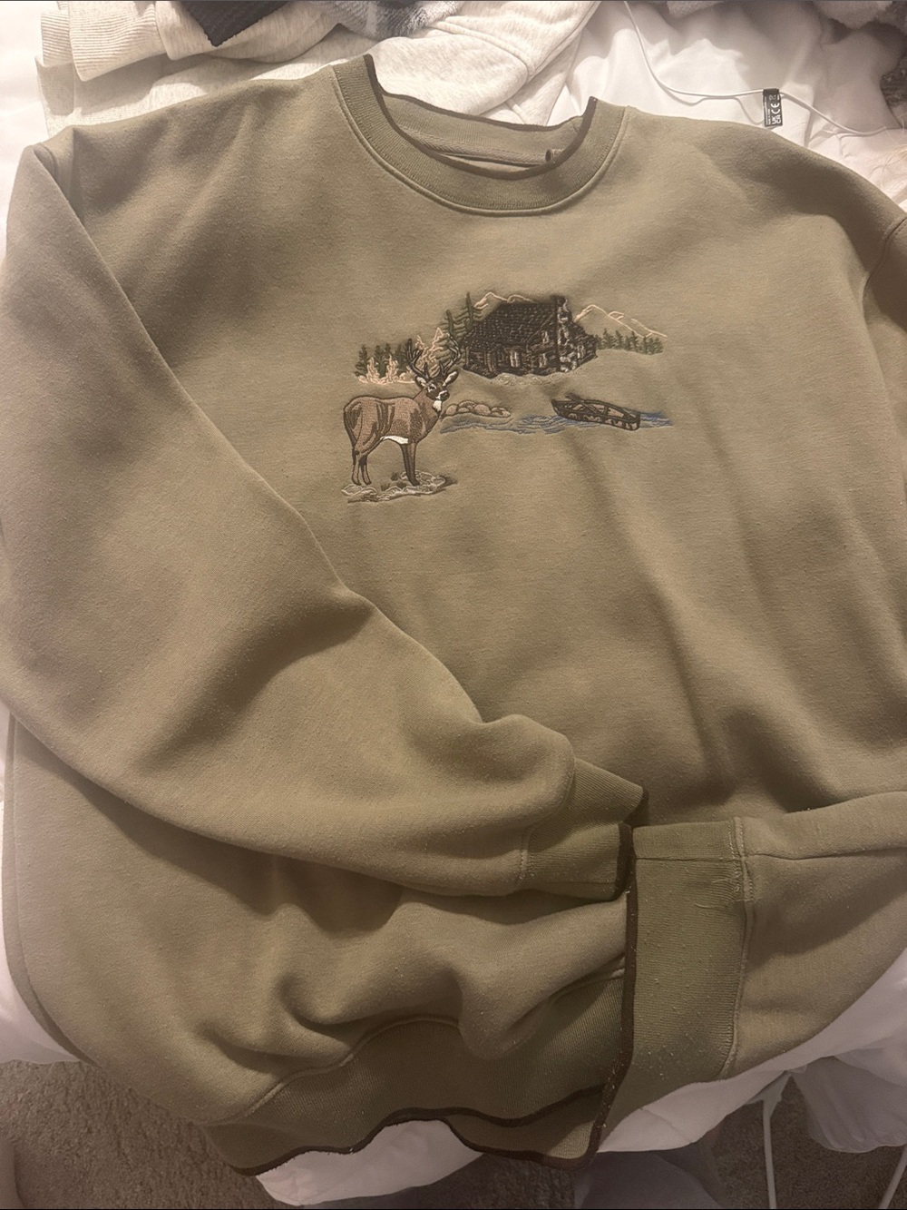 Olive Green Deer Cabin Crewneck Sweatshirt woodland trail